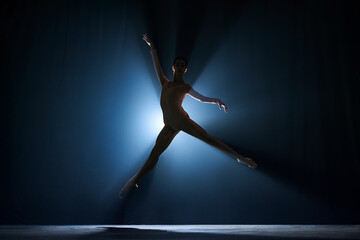 Wall Mural - Slim, beautiful, graceful ballerina making creative performance on stage against dark blue background with spotlight