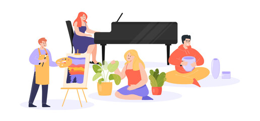 Canvas Print - Happy people with creative hobbies vector illustration. Cartoon drawing of men and women playing piano, painting, gardening and making pottery. Art, hobby, creativity, education concept