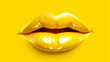 Trendy beautiful woman lips on yellow background, close up, abstract view, art style, kiss, fashion makeup concept