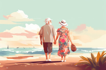 Wall Mural - senior couple grandma and grandpa walk on the beach in summer illustration Generative AI