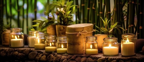 Natural cosmetics and Beauty spa treatment with candles with stones in Bamboo forest for spa wallpaper Generative AI