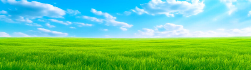 Banner, green grass field and blue sky with clouds. Organic background. Copy space. Generative AI