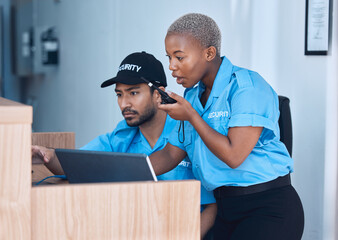 Poster - Security, communication and police team use a walkie talkie or radio for an emergency or criminal investigation. Protection, safety and officer talking in a law enforcement service office for crime