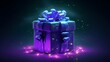 © NK - Illustration a futuristic gift box, adorned with a ribbon and purple neon dust on dark background