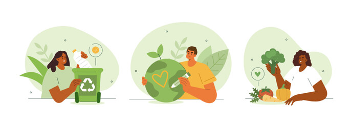 Wall Mural - sustainable lifestyle concept illustration. collections of men and women characters recycling plasti