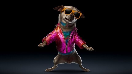 Wall Mural - Illustration of a stylish dog wearing sunglasses and a jacket, dancing with joy