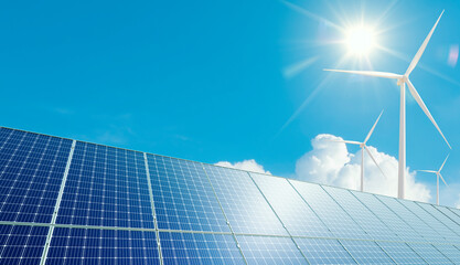 Wall Mural - solar panel reflected wind turbine and clean blue sky. renewable energy clean and good environment.3