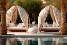 Poolside Cabana Outdoor Seating, Elegant Beach Pool In A Luxury Hotel. Generative Ai
