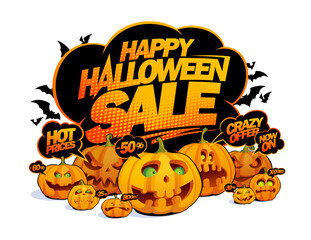 Wall Mural - Happy halloween sale banner with talking about discounts pumpkins crowd