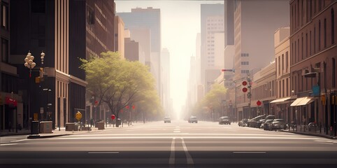 City streets with skyscrapers, people and cars.