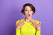 © deagreez - Photo of funny surprised girl wear trendy yellow shirt palms touch chest unexpected reaction confused isolated on violet color background