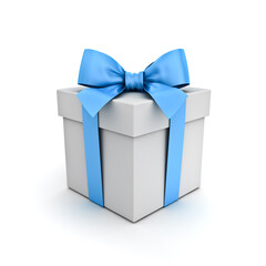 Fototapete - White gift box or present box with blue ribbon and bow isolated on white background with shadow minimal concept 3D rendering