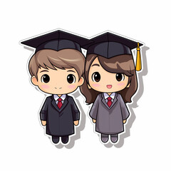 Cute students boy and girl in graduation cap. 2D flat cartoon sticker illustration. 