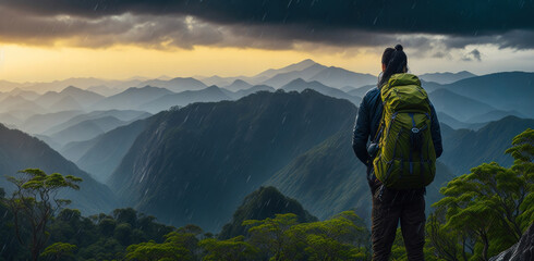 hiker with big backpack walks on mountain plain in heavy rain. ai generation.