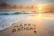 © stock.ai - Happy Birthday message handwritten on beach generated Ai.