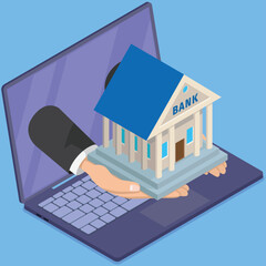 Wall Mural - online banking concept with bank in computer, hands pressing keys on keyboard, offering house throug