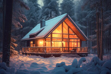 Landscape Of Wooden House In Snow Forest, Winter Fairy Tale