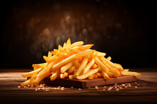 A Photo Of French Fries Floating Over A Wooden Background