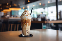 A Tall Glass Of Iced Latte Coffee With Milk Cream On A Wooden Counter Bar Over A Cafe Glass Window Reflex At A Cafe Coffee Shop. Cold Brew Refreshment Summer Drink With Copy Space Selective Focus.