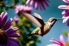 A Hummingbird Flying Towards A Purple Flower