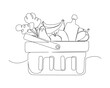 Continuous one line drawing of Grocery basket. Vegetables, fruits and bread in the grocery baske. Grocery food basket  line art vector illustration. Packaging, expedition and shipment concept.  Editab