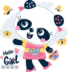 Wall Mural - Cute cartoon panda girl wearing dress and holding bag with butterflies isolated on white background illustration vector.