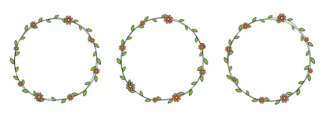 Wall Mural - Hand drawn circle frame decoration element with leaves and flowers clip art