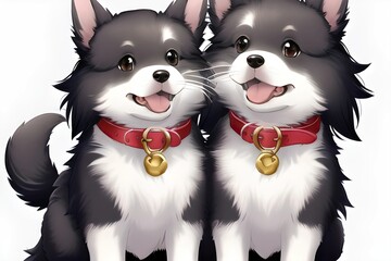 Joyful comic dogs in japanese anime manga style. Lovely mascot pets and adorable friends. Happy cartoon illustration. Isolated white background. Generative AI