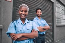 Team, Security Guard Or Safety Officer Portrait On The Street For Protection, Patrol Or Watch. Law Enforcement, Smile And Duty With A Crime Prevention Unit Man And Woman In Uniform In The City