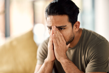 Canvas Print - Man with trauma, stress and mental health problem, therapy and psychology, depressed and thinking about abuse. Male person in crisis, sad with depression and pain at home, burnout and anxiety