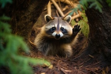 Wall Mural - Raccoon in the wood, forest animal (Ai generated)