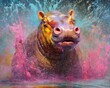 hippo  form and spirit through an abstract lens. dynamic and expressive hippo print by using bold brushstrokes, splatters, and drips of paint.  hippo raw power and untamed energy