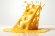 Piece of yellow cheese with holes melts and turns into cheese sauce or melted cheese. Isolated on a white background, yellow splashes and drips. Generative AI 3d render illustration imitation.