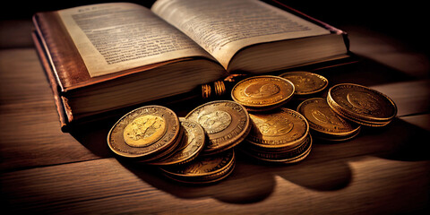 Ancient gold coins on the pages of an open old book. Generative AI