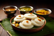 Photo south indian breakfast recipe idly or idli or rice cake served with coconut chutney and sambar, selective focus