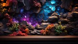 Fototapeta  - Photo of a stage set with plants and rocks on it and neon  honeycomb wall