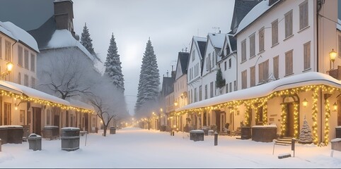 Winter landscape. Empty streets decorated for Christmas.