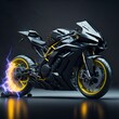 Powerful 3D Sports Bike, Black color superbike, Electric light flowing the bikes trier, Generated by AI.
