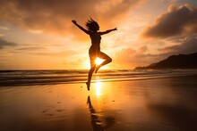 Successful Woman Joy When Reaches To Her Objective. Woman Jump In A Beach With Arms Open To A Welcoming New Day With Sunrise, Generative AI