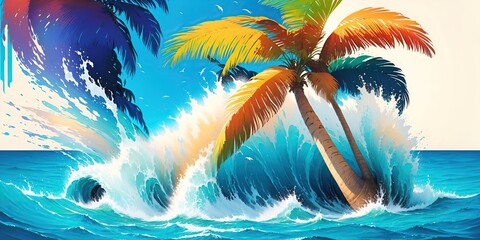Wall Mural - Colorful palm tree on the shore in turquoise sea waves.