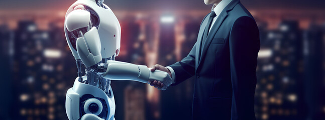 Robot and businessman in handshake. Concept of human robot relationships. AI generated image