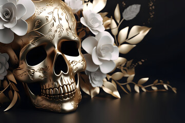 golden skull with flowers on black background, generative ai