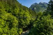 © marcin jucha - Outdoors adventure, man walking at suspension bridge over alpine river in mountains