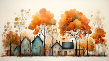 Houses In Autumn With Trees Wearing Orange Leaves. Painted With Watercolors. Generative AI