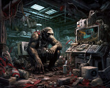Fototapeta  - Cyber-Ape Cyborg in a Ruined Laboratory