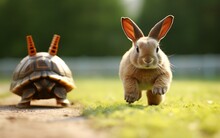 A Turtle And A Rabbit Crossing A Stream. AI