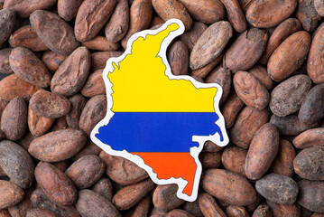 Canvas Print - Flag and map of Colombia on cacao beans. Growing cacao in Colombia concept