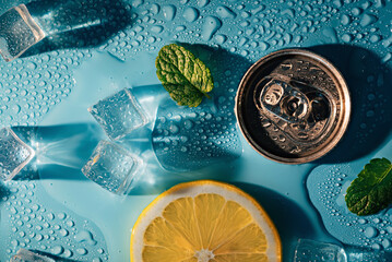 creative summer composition with lemon slice, mint leaves, can of soda and ice cubes. minimal lemona