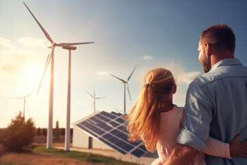 Dad and daughter are standing near the house with installed solar panels. On the back board are wind turbines. Renewable green energy concept. AI generated.