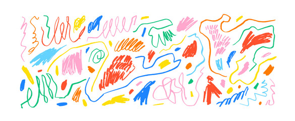 Poster - Collection various scribble lines and doodles. Hand drawn multi colored pencil curved lines, crayon drawing. Colorful charcoal abstract elements with scratches. Vector squiggles, marker scribbles.